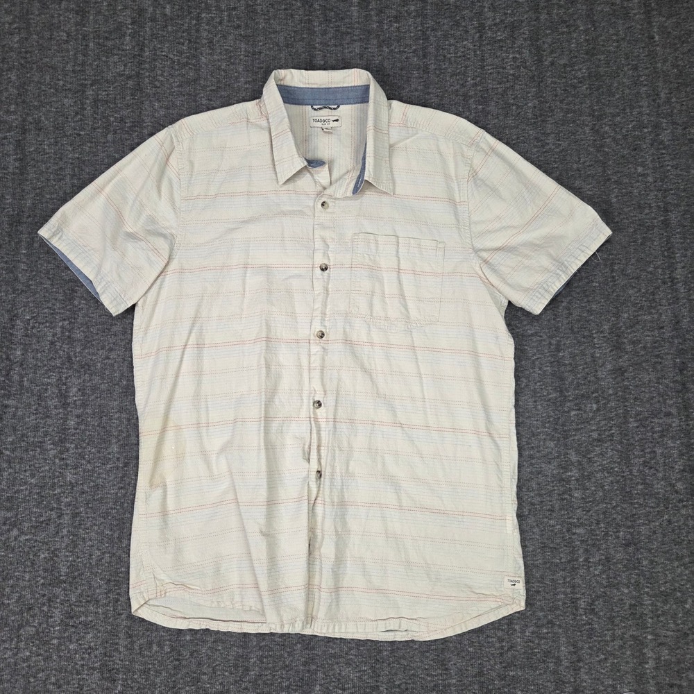 TOAD&CO Shirt Mens XL Slim Fit Cream Red Blue Striped Short Sleeve Button